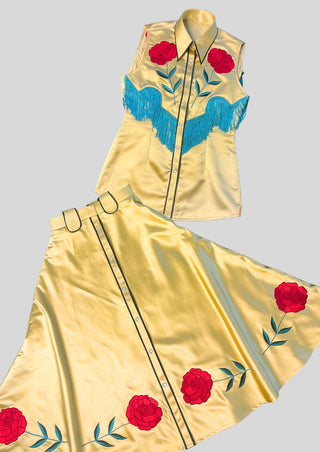 Women’s Country Western Cowgirl 2 Piece Satin Dress Floral Embroidered Shirt & Skirt Party Outfit