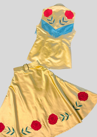 Women’s Country Western Cowgirl 2 Piece Satin Dress Floral Embroidered Shirt & Skirt Party Outfit