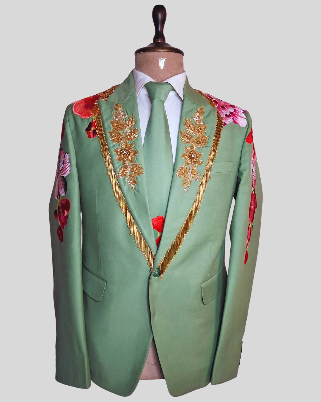 Men’s Palm Green Floral Embroidered Suit Groom Wedding Reception Outfit with Golden Fringe