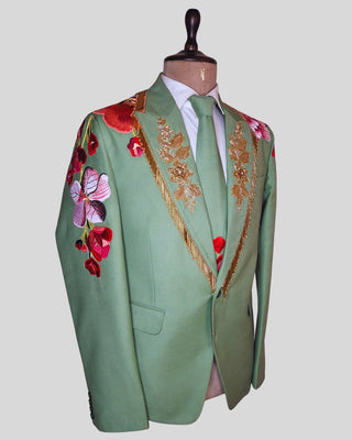Men’s Palm Green Floral Embroidered Suit Groom Wedding Reception Outfit with Golden Fringe