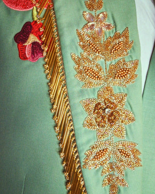 Men’s Palm Green Floral Embroidered Suit Groom Wedding Reception Outfit with Golden Fringe