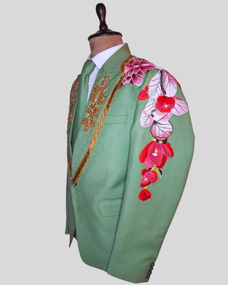 Men’s Palm Green Floral Embroidered Suit Groom Wedding Reception Outfit with Golden Fringe