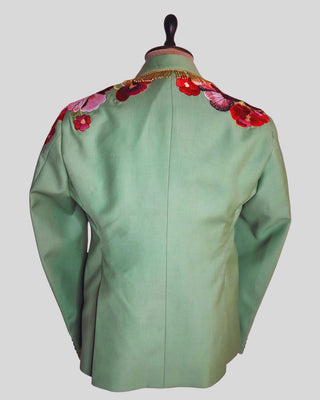 Men’s Palm Green Floral Embroidered Suit Groom Wedding Reception Outfit with Golden Fringe