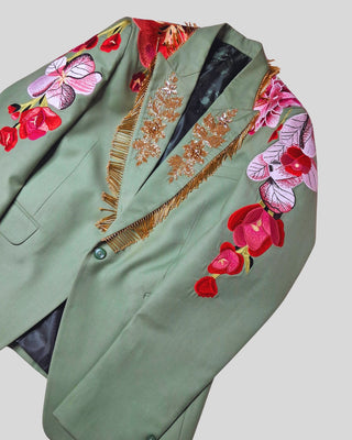 Men’s Palm Green Floral Embroidered Suit Groom Wedding Reception Outfit with Golden Fringe