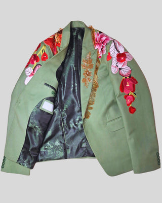 Men’s Palm Green Floral Embroidered Suit Groom Wedding Reception Outfit with Golden Fringe