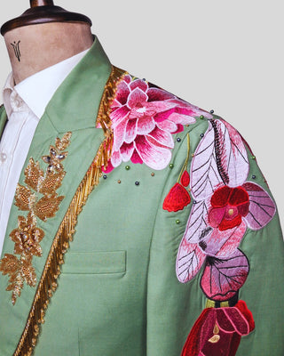 Men’s Palm Green Floral Embroidered Suit Groom Wedding Reception Outfit with Golden Fringe