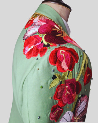 Men’s Palm Green Floral Embroidered Suit Groom Wedding Reception Outfit with Golden Fringe