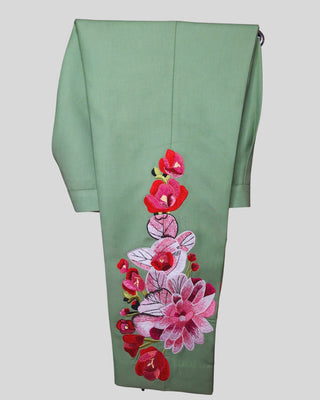 Men’s Palm Green Floral Embroidered Suit Groom Wedding Reception Outfit with Golden Fringe