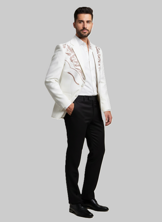 Men White Cotton Custom 2Pc Western Pantsuit Embroidered Western Suit