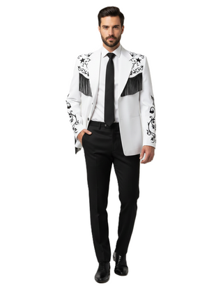 Men's White Western Cowboy 2 Piece Floral Embroidered Fringed Groom Attire Rodeo Outfit
