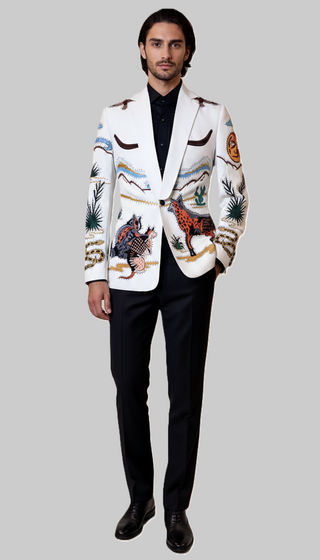 Men WhiteCotton Custom 2Pc Western Pantsuit Heart Embroidered Western Wedding Cowboy Suit