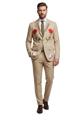 Men's Beige red roses embroided Western suit