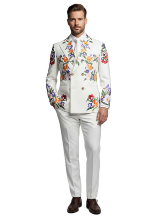 Floral Embroidered Blazer - White Double Breasted Suit Jacket