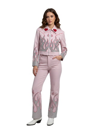 Women Baby Pink Customized 2 Piece Multi Floral Embroidered Fringed Cowgirl Rodeo Suits