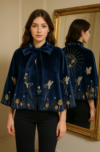 The Celestial Reverie Cape — Midnight Blue Velvet & Golden Embroidery
