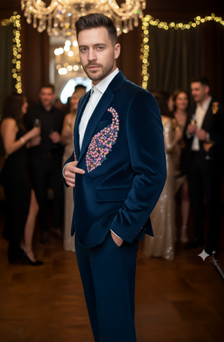 The 'Peacock Reverie' Tuxedo — Sapphire Velvet & Bespoke Artistry