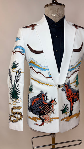 Men WhiteCotton Custom 2Pc Western Pantsuit Heart Embroidered Western Wedding Cowboy Suit