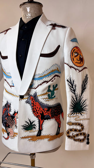 Men WhiteCotton Custom 2Pc Western Pantsuit Heart Embroidered Western Wedding Cowboy Suit