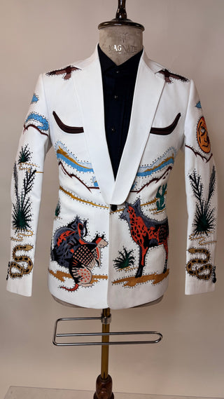 Men WhiteCotton Custom 2Pc Western Pantsuit Heart Embroidered Western Wedding Cowboy Suit