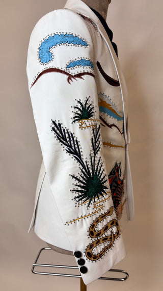 Men WhiteCotton Custom 2Pc Western Pantsuit Heart Embroidered Western Wedding Cowboy Suit