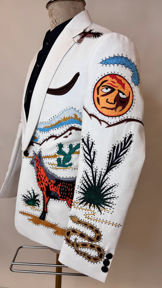 Men WhiteCotton Custom 2Pc Western Pantsuit Heart Embroidered Western Wedding Cowboy Suit