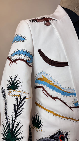 Men WhiteCotton Custom 2Pc Western Pantsuit Heart Embroidered Western Wedding Cowboy Suit