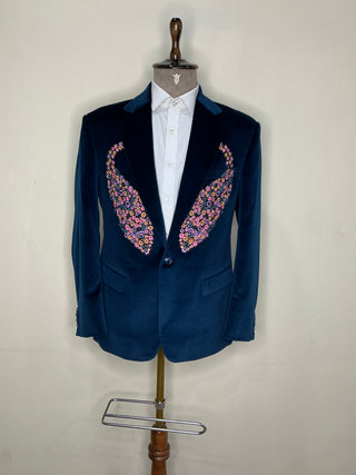 The 'Peacock Reverie' Tuxedo — Sapphire Velvet & Bespoke Artistry