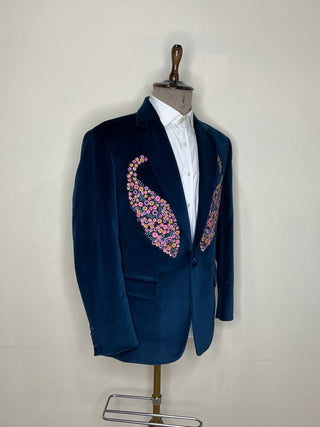 The 'Peacock Reverie' Tuxedo — Sapphire Velvet & Bespoke Artistry