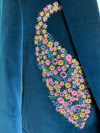 The 'Peacock Reverie' Tuxedo — Sapphire Velvet & Bespoke Artistry