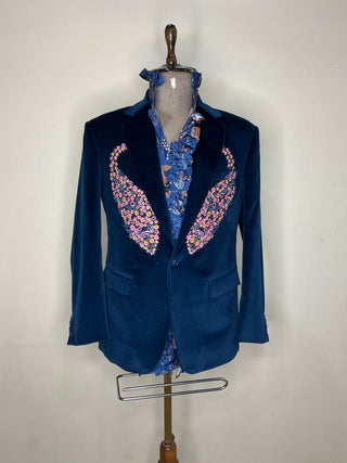 The 'Peacock Reverie' Tuxedo — Sapphire Velvet & Bespoke Artistry