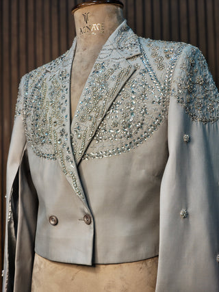 Moonlit Mist – Bespoke Powder Blue Embroidered Suit