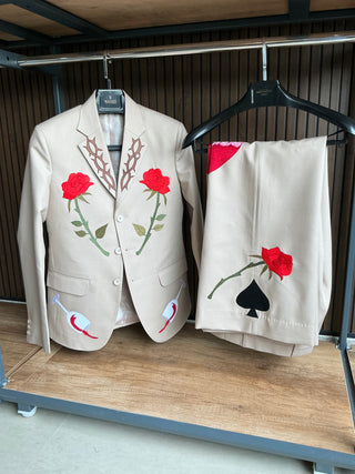 Men's Beige red roses embroided Western suit