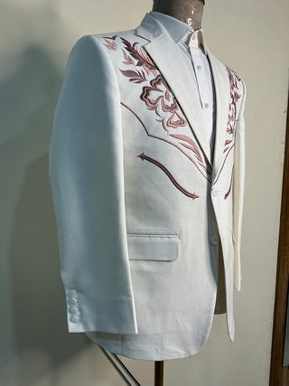 Men White Cotton Custom 2Pc Western Pantsuit Embroidered Western Suit