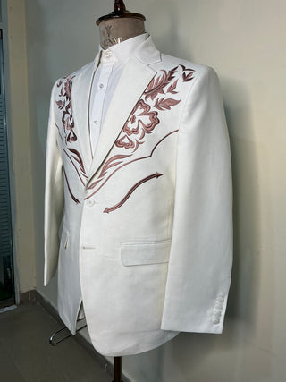 Men White Cotton Custom 2Pc Western Pantsuit Embroidered Western Suit