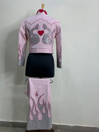 Women Baby Pink Customized 2 Piece Multi Floral Embroidered Fringed Cowgirl Rodeo Suits