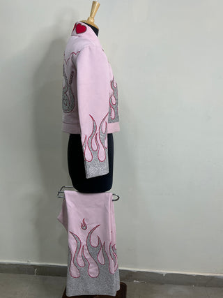 Women Baby Pink Customized 2 Piece Multi Floral Embroidered Fringed Cowgirl Rodeo Suits