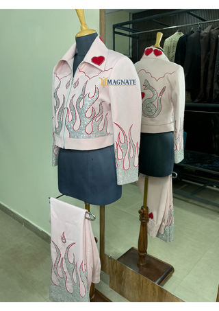 Women Baby Pink Customized 2 Piece Multi Floral Embroidered Fringed Cowgirl Rodeo Suits