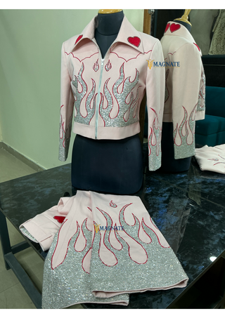 Women Baby Pink Customized 2 Piece Multi Floral Embroidered Fringed Cowgirl Rodeo Suits