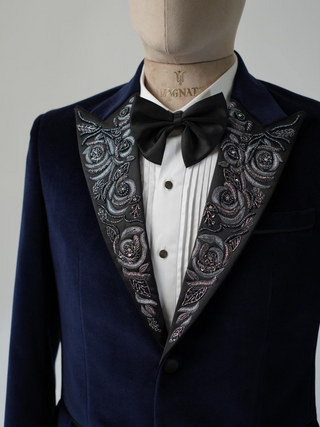 The Midnight Rose Tuxedo — where classic black tie meets poetic detail.