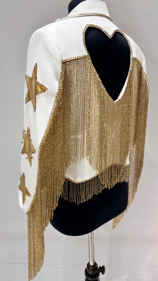 Women White Custom Western Cowboy Suit Gold Horse Patched Fringe Rhinestone Couple Outfits