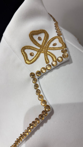 Women White Custom Western Cowboy Suit Gold Horse Patched Fringe Rhinestone Couple Outfits