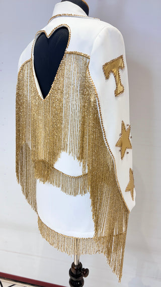 Women White Custom Western Cowboy Suit Gold Horse Patched Fringe Rhinestone Couple Outfits