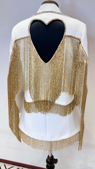 Women White Custom Western Cowboy Suit Gold Horse Patched Fringe Rhinestone Couple Outfits