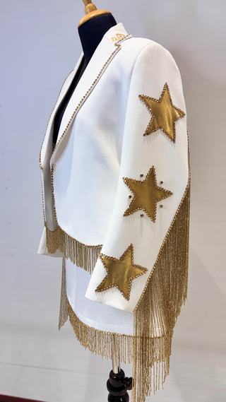 Women White Custom Western Cowboy Suit Gold Horse Patched Fringe Rhinestone Couple Outfits