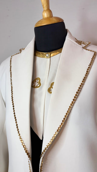 Women White Custom Western Cowboy Suit Gold Horse Patched Fringe Rhinestone Couple Outfits