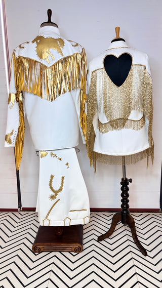 Women White Custom Western Cowboy Suit Gold Horse Patched Fringe Rhinestone Couple Outfits