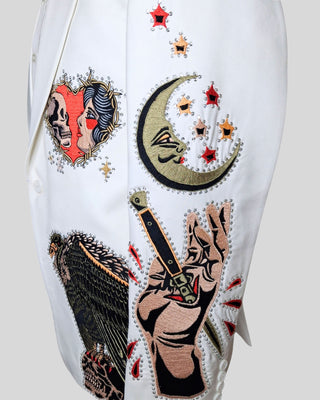 Men’s White Country Western Embroidered Blazer – Gothic Skull & Vulture Jacket, Rhinestone Halloween Party Concert Outfit