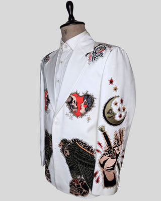 Men’s White Country Western Embroidered Blazer – Gothic Skull & Vulture Jacket, Rhinestone Halloween Party Concert Outfit