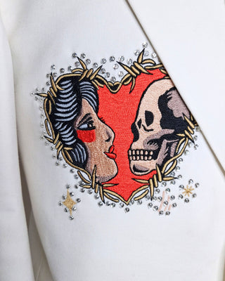 Men’s White Country Western Embroidered Blazer – Gothic Skull & Vulture Jacket, Rhinestone Halloween Party Concert Outfit