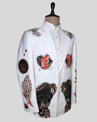 Men’s White Country Western Embroidered Blazer – Gothic Skull & Vulture Jacket, Rhinestone Halloween Party Concert Outfit